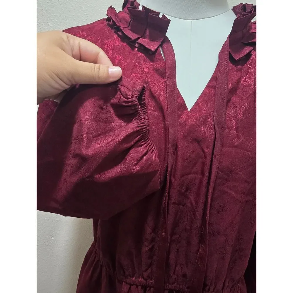 Croft & Barrow Ruffle-Neck Dress Victorian Midi Dark Red Floral Women's Size S